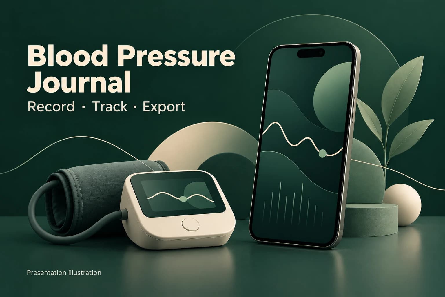Blood Pressure Journal — Record, track and export. Stylised phone and blood pressure monitor; illustration, not a product screenshot.