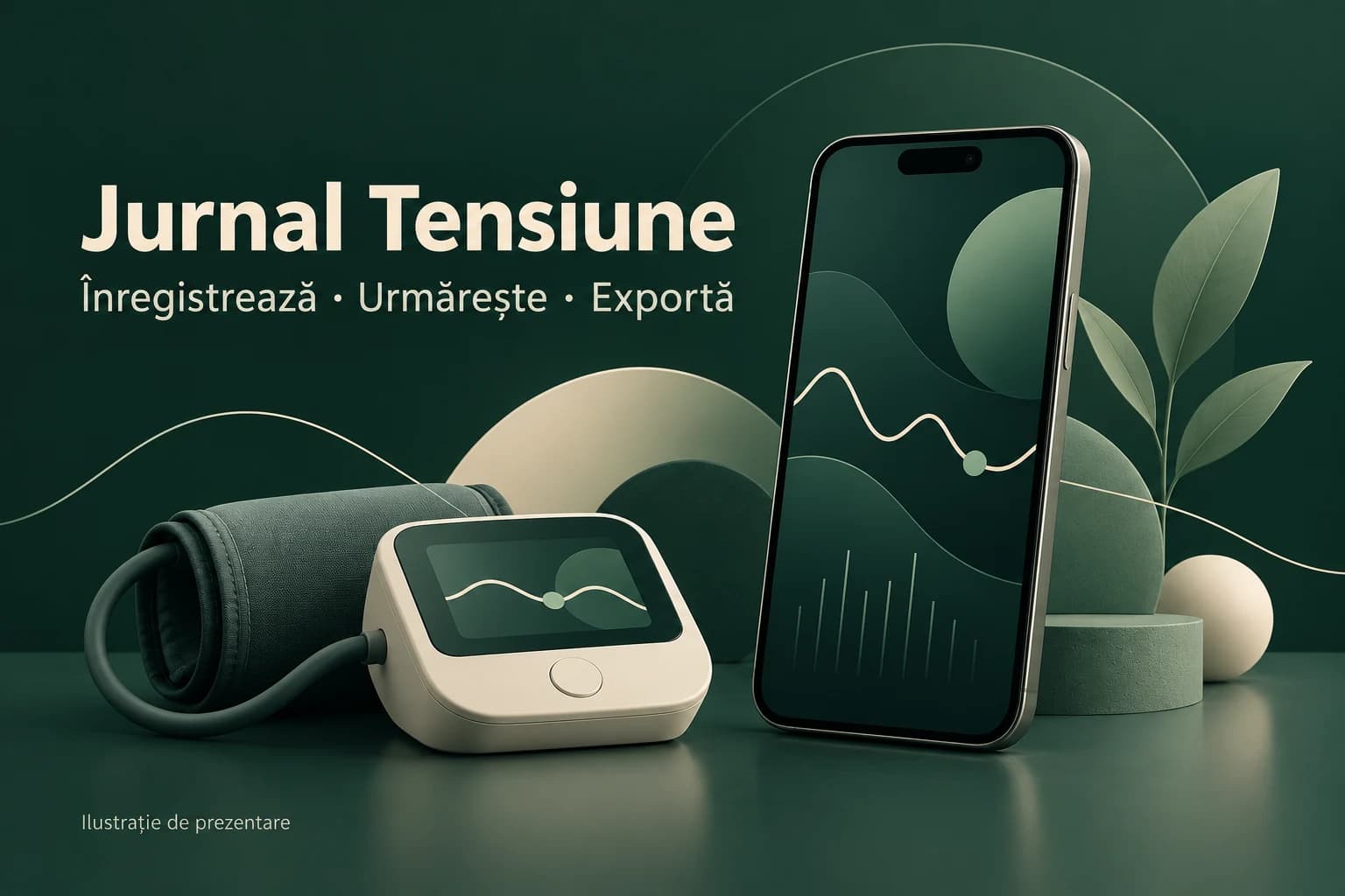 Jurnal Tensiune — Înregistrează, urmărește și exportă. Telefon și tensiometru stilizate; ilustrație, nu o captură din aplicație.