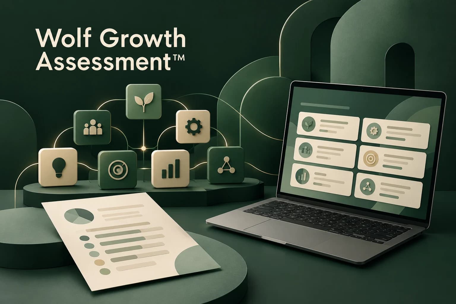 Wolf Growth Assessment™: conceptual laptop, structured report and connected business pillars; illustration, not a product screenshot.